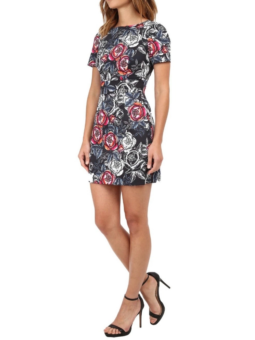French Connection Floral Rose Sheath Mini Dress Exposed Back Zip Black Size 6